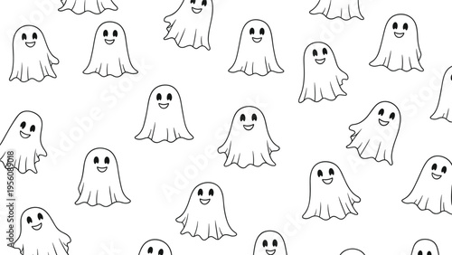 Cute halloween pattern background showing many small smiling white ghosts scattered randomly on a white surface.