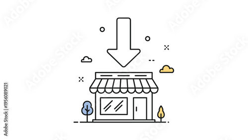 Line art illustration of a retail store building with a large down arrow above it indicating a physical shop location.