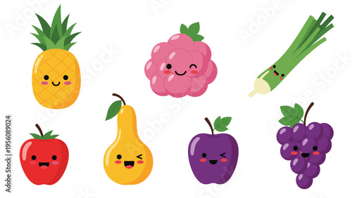 Colorful set of adorable cartoon fruits and vegetables like pineapple raspberry pear and grapes with smiling faces.