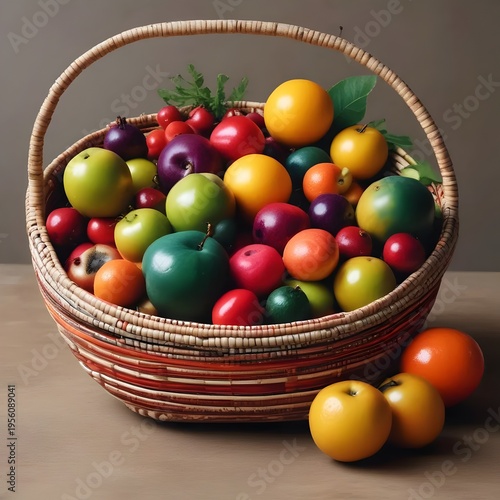 Colorful Fresh Fruits in a Woven Basket on a Wooden Table