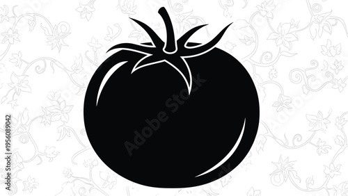 Solid black silhouette of a tomato placed over a light grey floral pattern background for a creative culinary design.