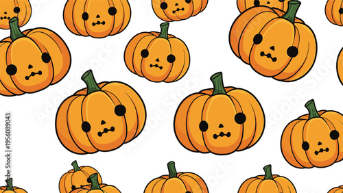 Festive halloween pattern background featuring adorable orange pumpkins with small eyes and mouths in different positions.