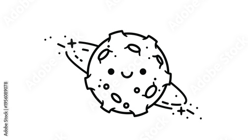 Adorable cartoon drawing of a small cratered planet with rings and twinkling stars in a simple black and white style.