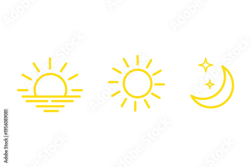 Day and night icons set. Morning sunrise, noon sun, and night moon with stars symbols. Morning and night. Day and night weather forecast symbol. Rising and setting sun, crescent moon, and star