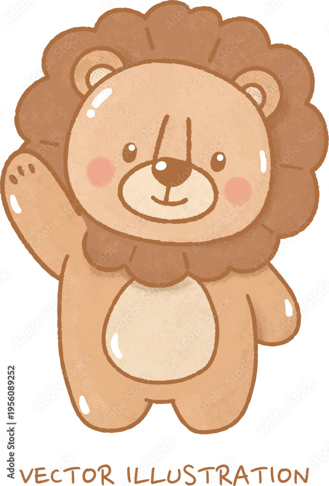 Fototapeta premium Cute Hand-Drawn Baby Lion Waving Hello Illustration: Adorable Standing Lion Cub Character for Nursery, Baby Shower, First Birthday, and Kids Celebration Decor.