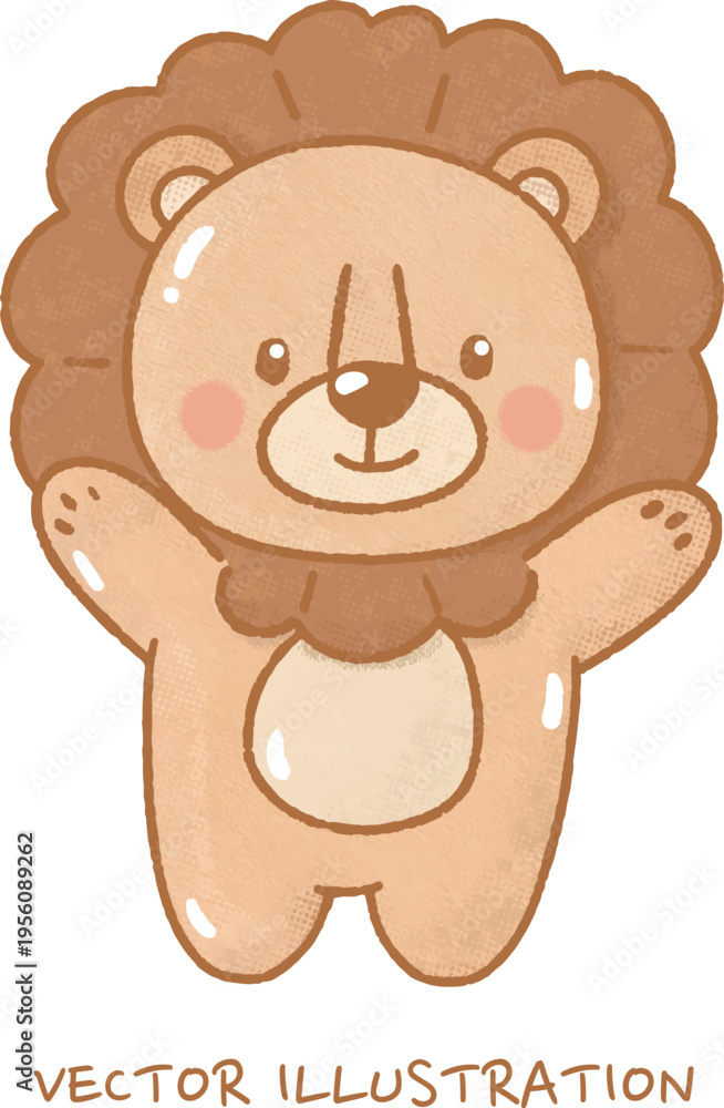 Obraz premium Cute Hand-Drawn Baby Lion Waving Hello Illustration: Adorable Standing Lion Cub Character for Nursery, Baby Shower, First Birthday, and Kids Celebration Decor.