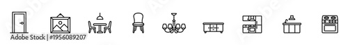 Door picture frame dining table chair chandelier cabinet kitchen cookware oven icon set in simple outline style, furniture and appliance symbols for interior design, catalog, web