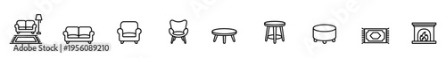 Furniture icon outline sofa armchair chair table stool ottoman rug set, black line drawing for interior design catalog, web interface, home decor planning, modern minimal style