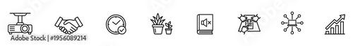 Projector handshake clock plant mute paper network chart icons set in thin line style, business teamwork, time management, growth analysis, office workflow concept