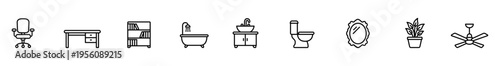Icon furniture bathroom office chair desk bookshelf bathtub sink toilet minimalist black outline pictogram featuring mirror plant flowerpot ceiling fan for interior design decor and website signage