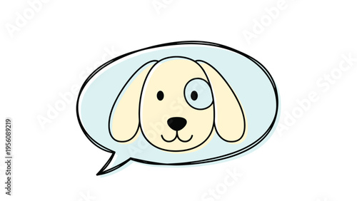 Cute puppy dog head with a spot over one eye appearing inside a blue speech bubble, representing pet communication concepts.