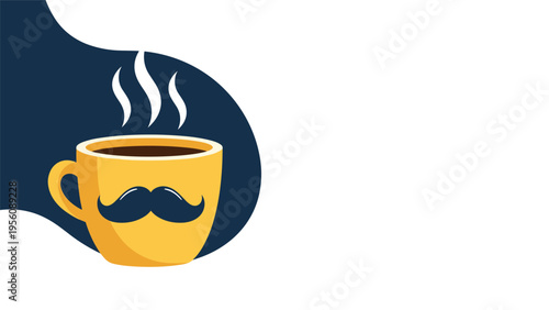 Bright yellow coffee cup featuring a black gentleman mustache and rising steam against a dark blue abstract shape background.
