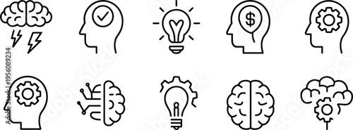 Black line of human heads and brains with symbols