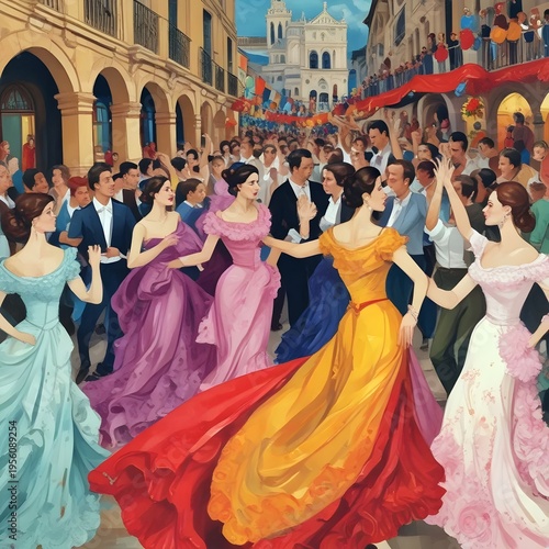 Vibrant Street Festival with People Dancing in Colorful Dresses and Suits Outdoors