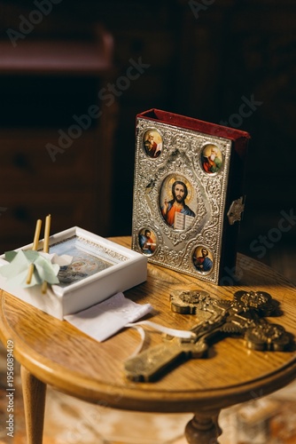 Orthodox baby baptism religious set bible cross candles wooden table