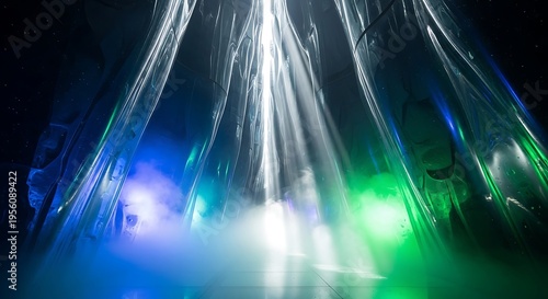 Wallpaper Mural Vibrant light beams shine through fog in a dark room with blue and green hues Torontodigital.ca