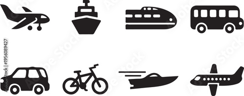 A collection of black silhouette icons representing various modes of public and private transport