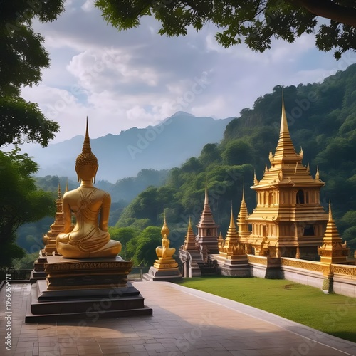 Golden Buddha Statue and Temple in a Serene Mountainous Landscape