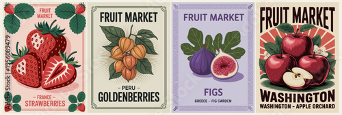 Four vintage-style fruit market posters. Red strawberries, goldenberries, figs, and apples feature. Bright colors contrast with aged paper textures. Each design hints at seasonal bounty and freshness