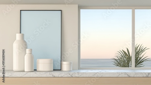 Minimalist Interior Bathroom Decor with White Bottles and Jar on Marble Surface by Large Window Showing Seascape organic herbal mental health supplementary