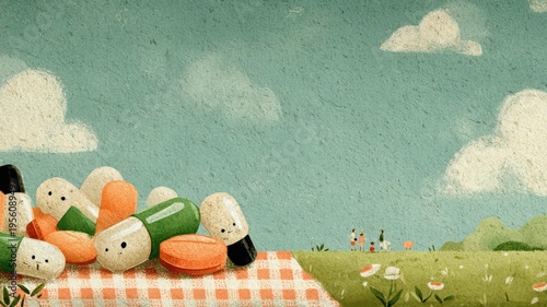 supplementary Illustration of colorful pills and capsules scattered on a checkered cloth in a whical outdoor scene with clouds and greenery organic herbal mental health supplementary