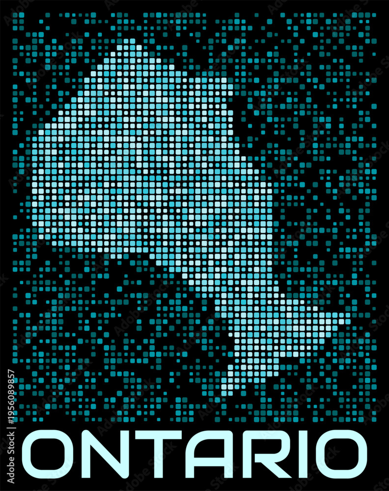 Fototapeta premium Ontario, Canada digital dotted map. Shape of the province in cyan color palette on dark background. Futuristic Ontario, Canada map design. Vector illustration.