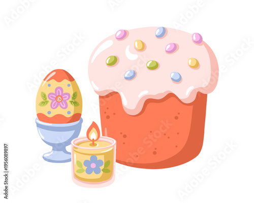Easter cake with decorated egg and candle spring holiday composition. Cartoon vector illustration on white background
