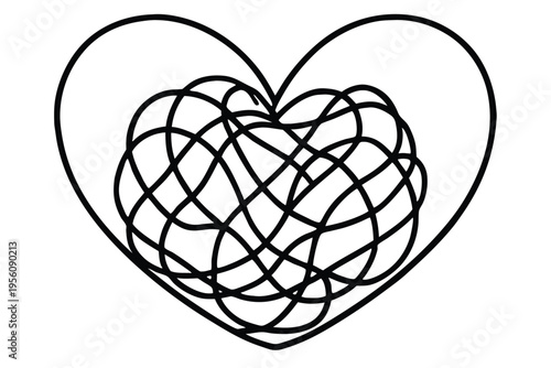 Vector illustration of a heart drawn with chaotic, tangled lines, symbolizing emotional complexity and anxiety.