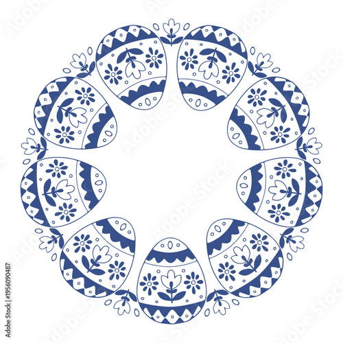 Decorated Easter eggs round frame with floral accents in Scandinavian blue line art style. Vector isolated illustration on white background.