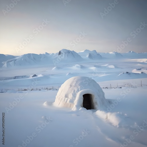 Snowy igloo in a serene Arctic landscape with mountains in the background at sunrise.