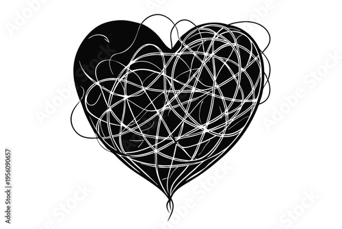 A heart shape filled with a complex network of tangled lines, symbolizing emotional disorder and inner conflict.