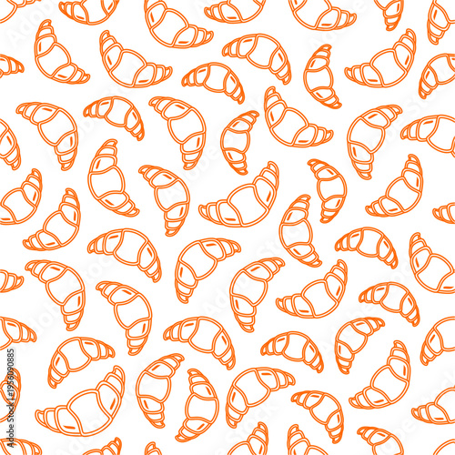Croissant doodle pattern background. Seamless croissant doodle pattern. Croissant seamless pattern design. Fast food croissant doodle pattern design.