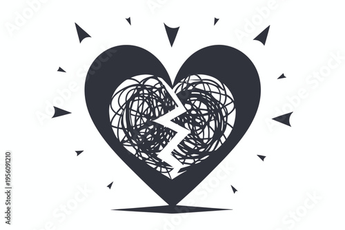 A heart outline filled with a chaotic tangle of lines, representing mental health issues and emotional stress.