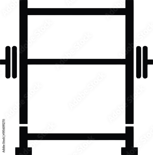 A minimalist black and white gym advertisement featuring a dumbbell beside a blank wooden sign board for a marketing poster design