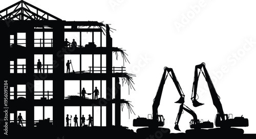 Black silhouette of construction site featuring industrial building frame with workers and hydraulic excavators operating on a city development project against white background