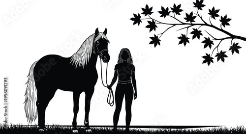 Black silhouette of a young woman standing with her horse under a maple tree branch in a grassy field during a peaceful sunset evening.