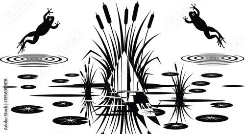 Black silhouette of jumping frogs in a pond with cattails, lily pads, water ripples, and nature reflections, ideal for minimalist eco-friendly vector design.