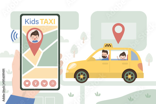 Yellow taxi car. Driver ride cab, kid passenger. Phone screen with geolocation tracking app. Parental control and protection. Kids taxi with children chair. Safety transport.