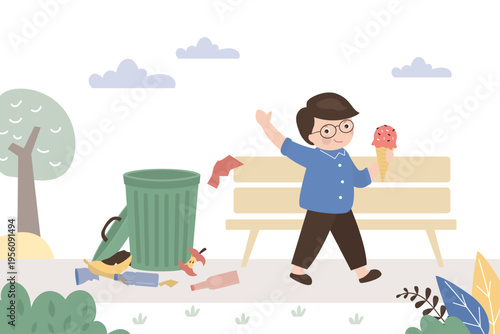 Bully boy littering in the park. Bad habit. Kids aggressive uncontrollable behavior. Trash garbage in park.