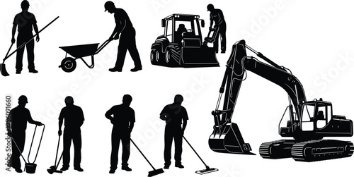 Black silhouettes set of construction workers with excavator tractor wheelbarrow shovel and janitorial staff cleaning with broom mop and bucket on white background