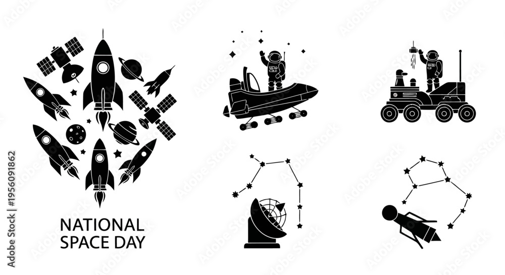 Fototapeta premium National Space Day black vector icons rockets astronauts planets satellites constellations EPS10 Stock.eps