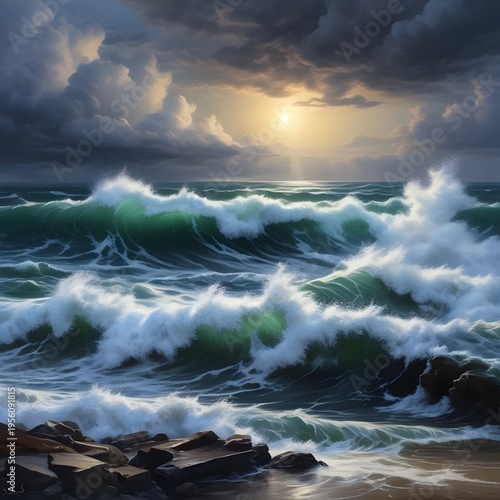 Turbulent Ocean Waves Crashing Against Rocky Shore Under Stormy Sky
