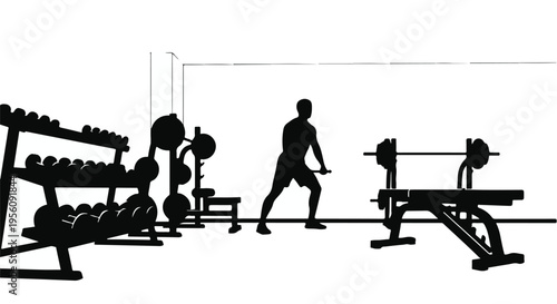 Silhouette of fit man exercising with dumbbells and weights in modern gym interior with equipment