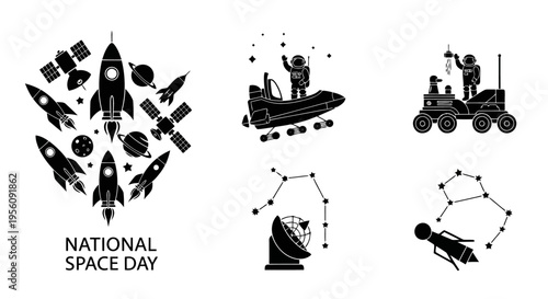 National Space Day black vector icons rockets astronauts planets satellites constellations EPS10 Stock.eps