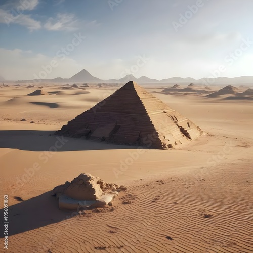 Ancient Pyramid Standing Tall in the Desert Landscape with Sandy Dunes and Mountains