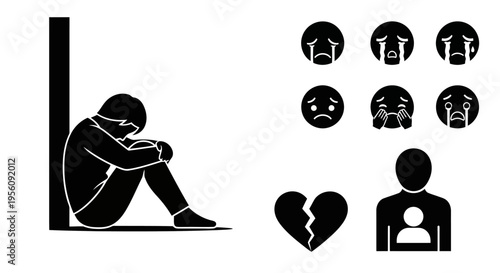 Minimalist black vector icons sadness depression crying and broken heart symbols EPS10 Stock.eps