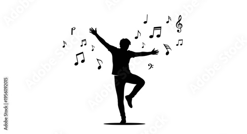 Minimalist silhouette of a joyful person dancing with musical notes and symbols Vector art EPS10 Stock.eps