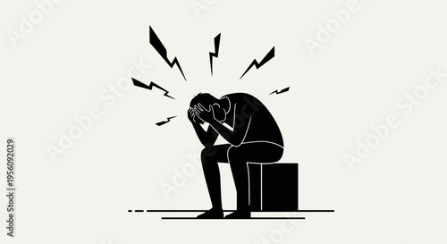 Minimalist black vector art of a man suffering from stress or headache EPS10 Stock.eps
