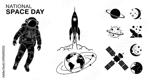 Minimalist black space exploration vector icons astronaut rocket planets satellite EPS10 Stock.eps
