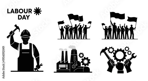 Labour Day vector icons minimalist workers industry protest tools silhouettes EPS10 Stock.eps